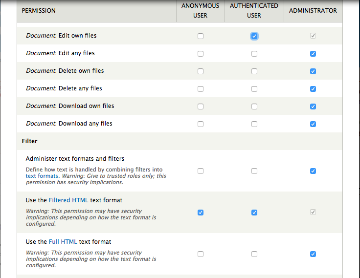 An example of setting access rules in Admin -> People -> Permissions 