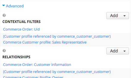 Under the "Advanced" section of the view, I've added a Relationship to my custom customer profile (Customer profile referenced by commerce_customer_customer) and an additional Contextual Filter (Commerce Customer profile: Sales Representative) 