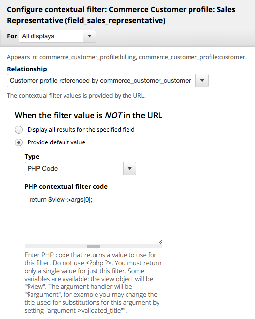 Here we add aa default contextual filter value for our second filter to match the first argument passed to the view. There will not be a second argument.