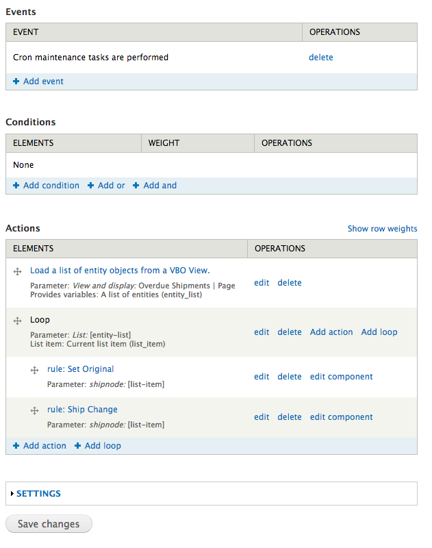 The completed "reaction" Rule fired by cron maintenance event. VBO view is used to provide a list of entities to be acted on by Rules Components